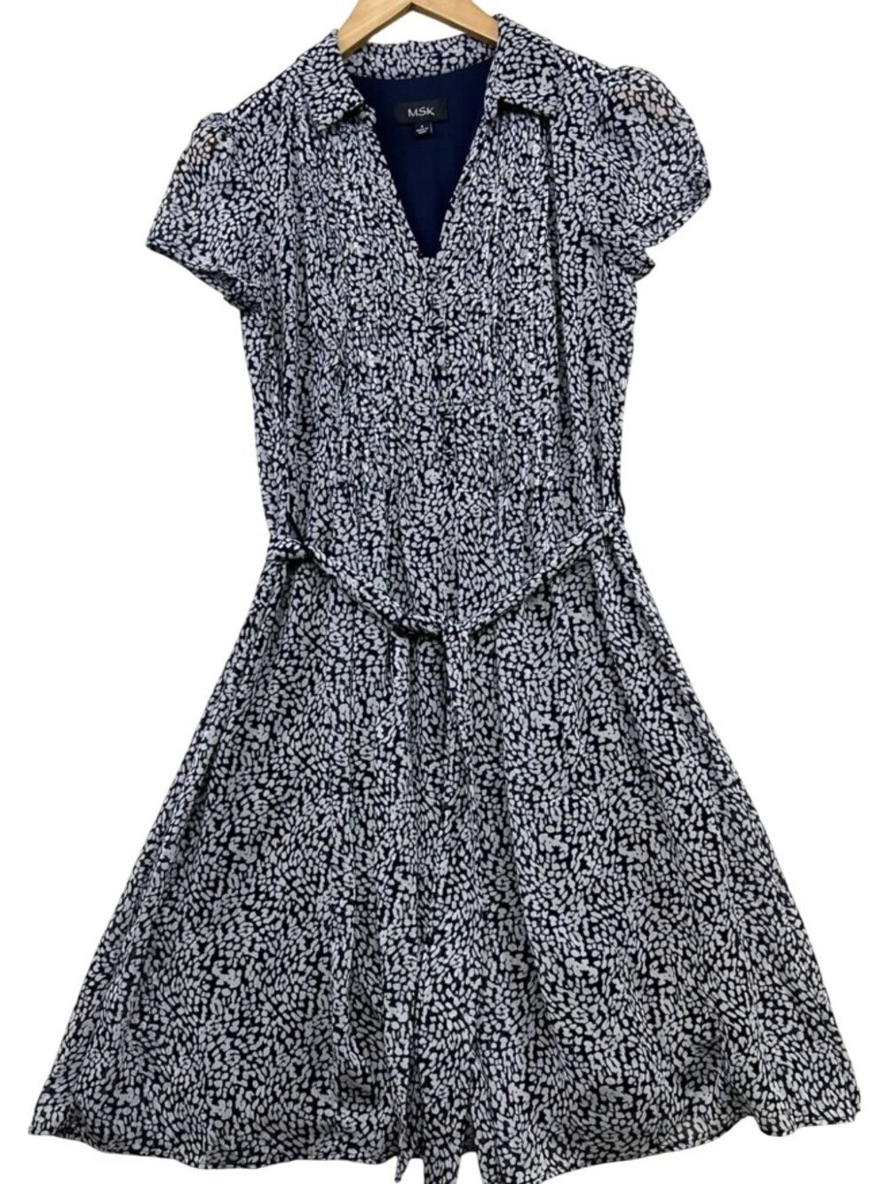 MSK Women's Button A Line Dress Cap Sleeve Tie Waist Size 4 Navy White Printed